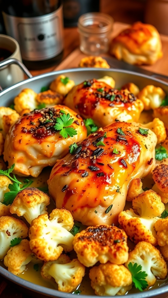 Garlic butter chicken thighs and roasted cauliflower bake garnished with parsley in a rustic kitchen.